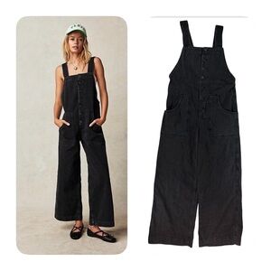 Free People We The Free Fields Of Flowers Wide-Leg Overalls Black